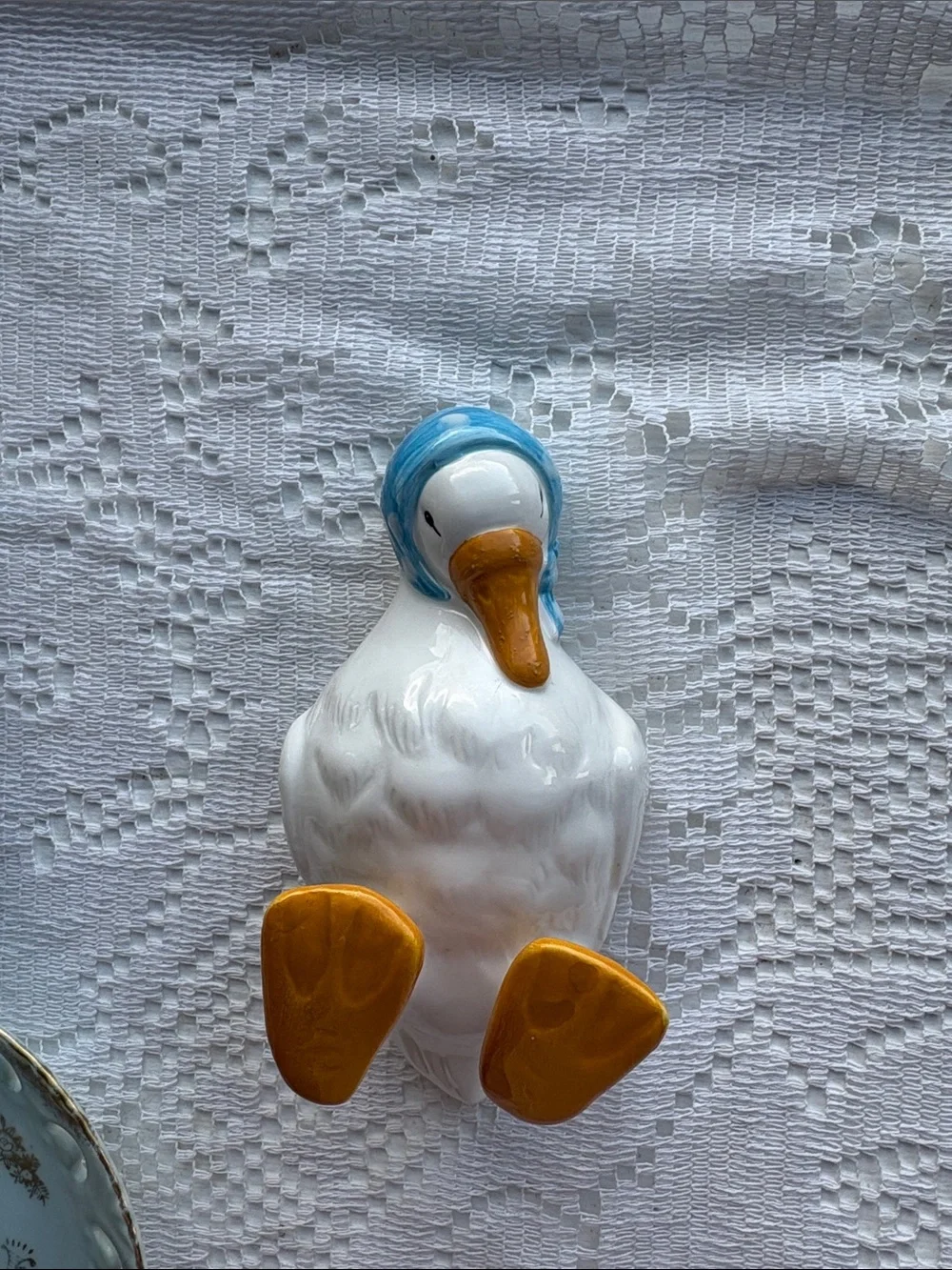 Ceramic Duck Figurine in White, Blue and Gold